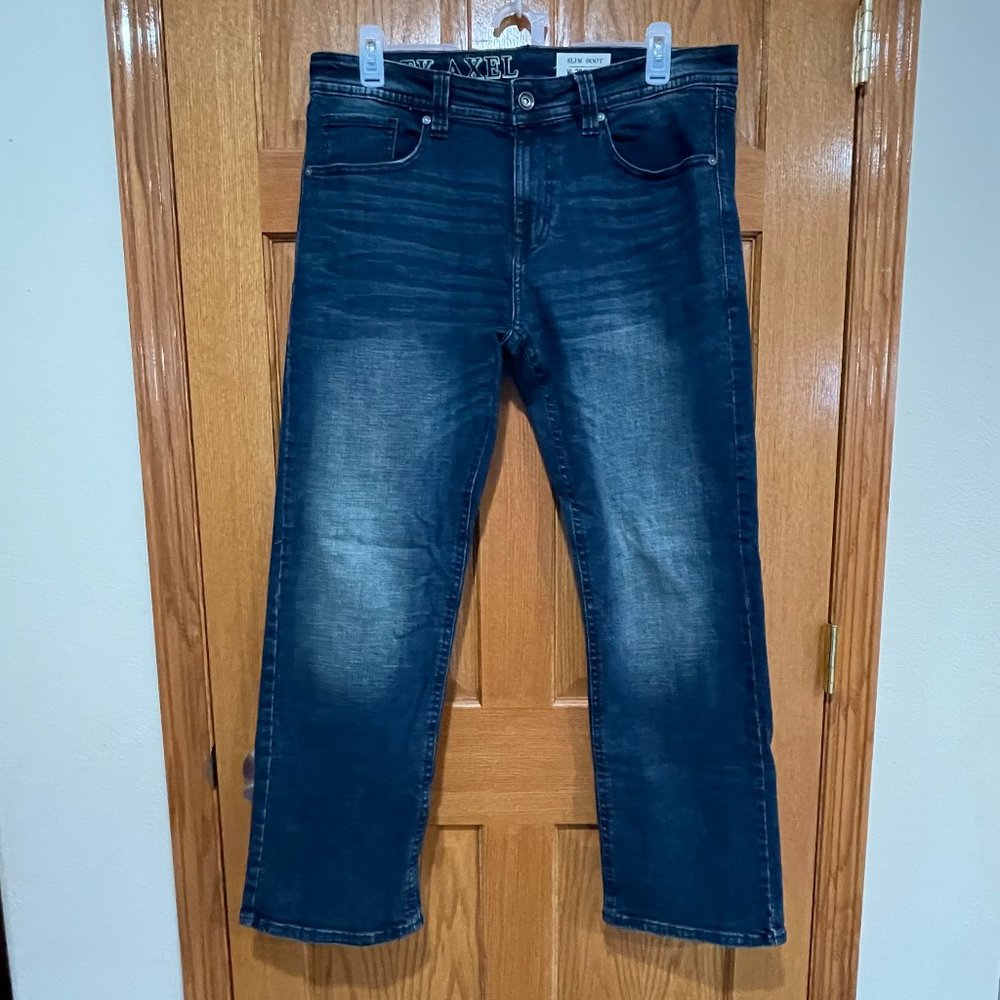TK AXEL T.K. AXEL Slim Boot Men's 36 x 32 Blue Denim Jeans Distressed EUC